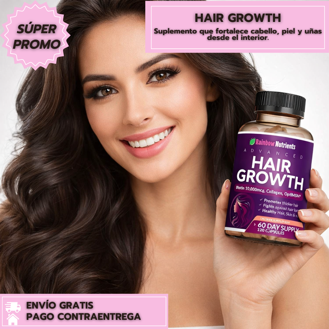 HairGrowth: Suplemento que fortalece cabello, piel y uñas desde el interior.